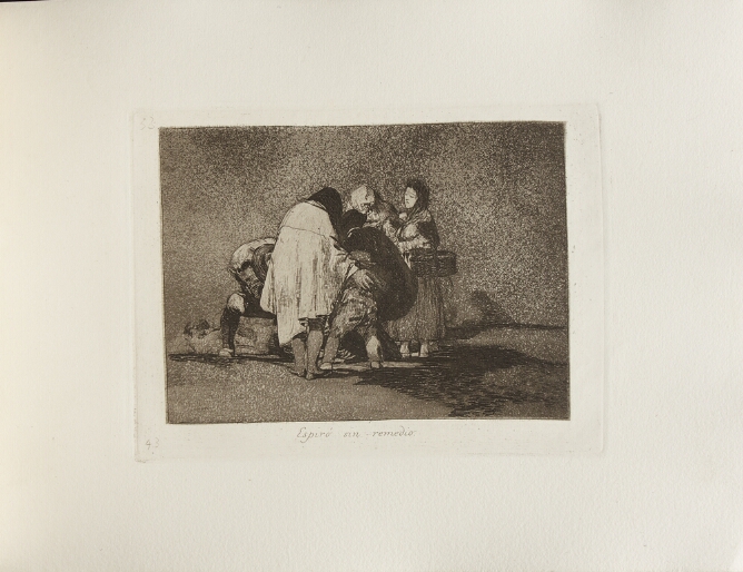 A black and white print of standing figures crowding around something that is not visible to the viewer