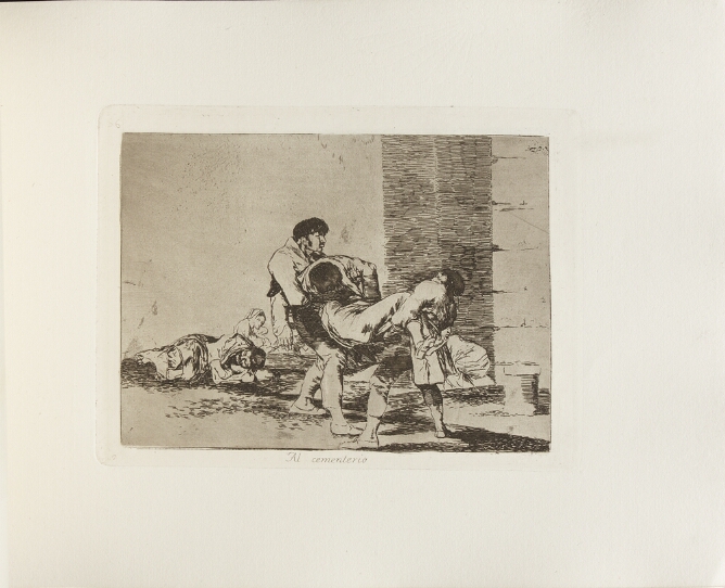 A black and white print of two men carrying the lifeless body of a figure, while other figures sit and lie on the ground behind them