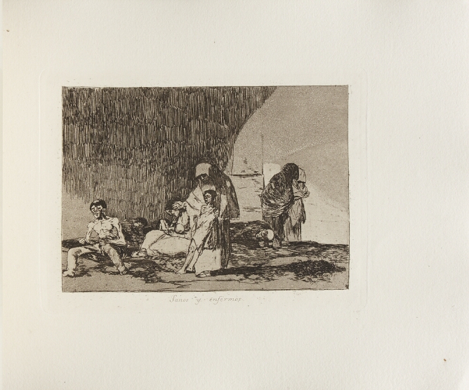 A black and white print of a standing veiled woman with her hand on the shoulder of a small, emaciated leaning figure, while another emaciated figure sits among other figures nearby