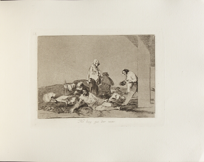 A black and white print of a figure standing among other figures sitting and lying on the ground, one supported by a stick. Another figure leans against a column holding out his upturned hat