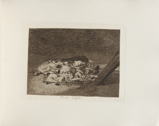 A black and white print of a heap of lifeless bodies lying on the ground between two wooden posts