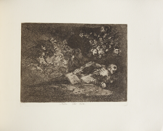 A black and white print of a skeletal figure half-risen from the ground holding a paper that reads Nada. Above, heads and figures emerge from the darkness