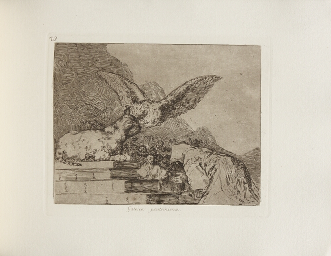 A black and white print of an owl swooping in on a large cat lying on steps in front of a bowing hooded figure, while a crowd watches below