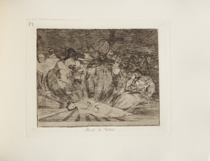 A black and white print of a bare-breasted woman lying on the ground emanating light, surrounded by a standing man wearing a headdress and other figures