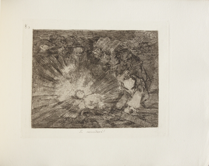 A black and white print of a bare-breasted woman lying on the ground with rays of light around her head, surrounded by figures