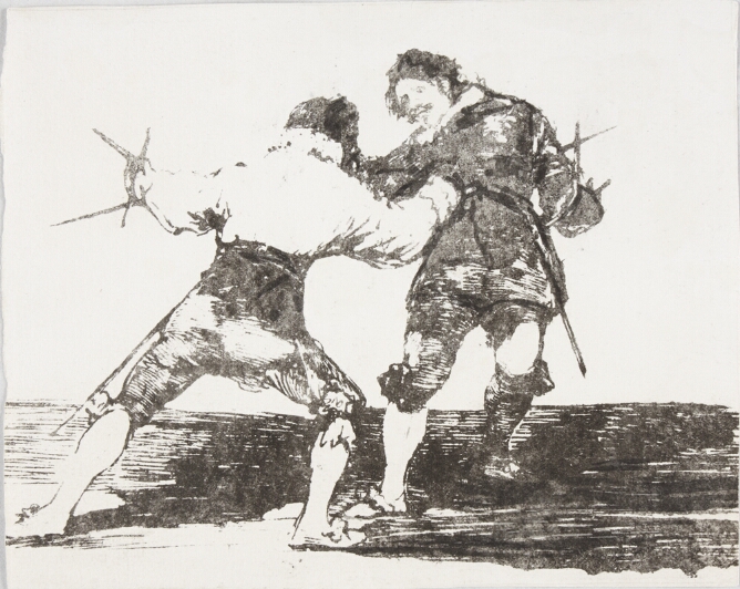 A black and white print of a standing man seen from the back spearing another standing man in the front