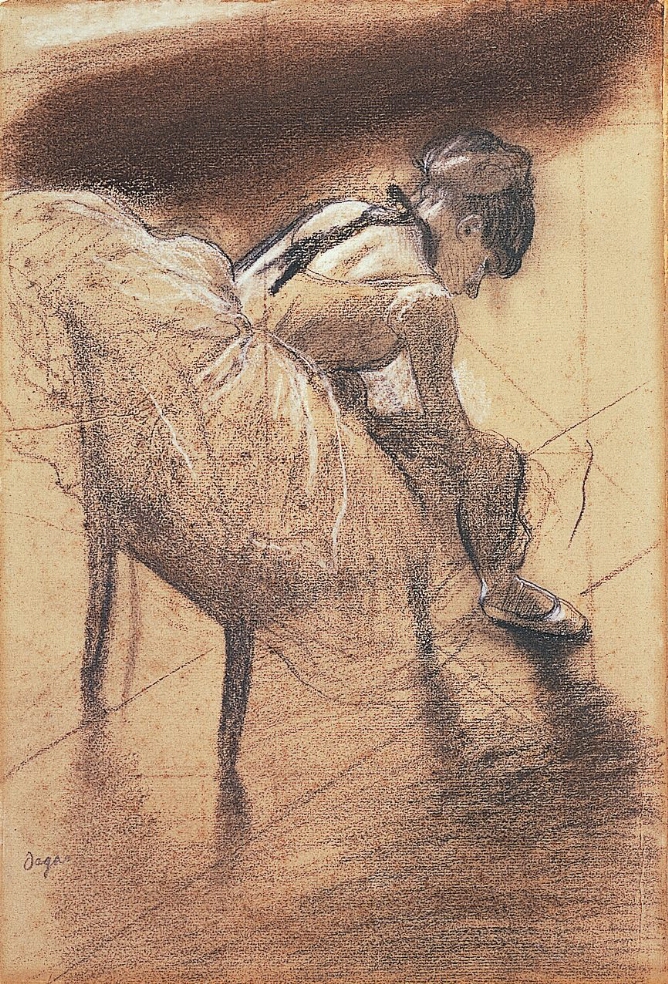 A mixed media drawing of a ballet dancer seated and bent over, touching her leg