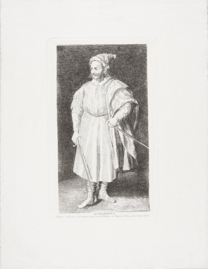 A black and white print of a standing man with a cone-shaped cap holding a sword in each hand looking towards the viewer's left