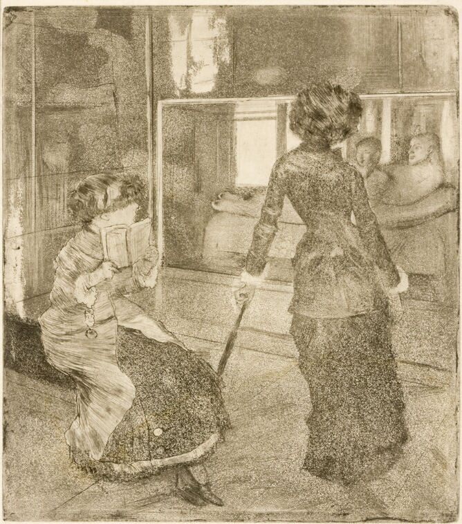 A black and white print of a standing woman seen from behind leaning on her umbrella as she views a sculpture of two reclining figures. A woman with a book sits beside her