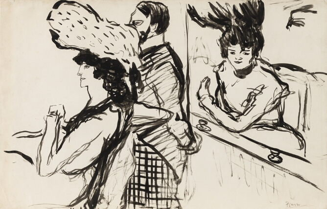 A black and white drawing of three figures: a seated woman with a man standing behind her, while another woman sits and faces the viewer behind them