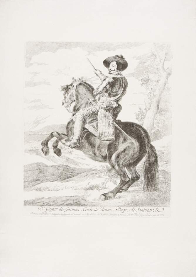 A black and white portrait of a man in armor on a rearing horse, pointing forward with a baton and looking back at the viewer, set against a landscape
