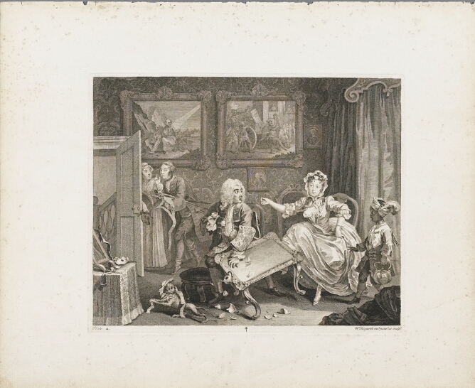 A black and white print of a woman sitting in a chair inside a lavish room knocking over a table with her foot, surprising a man next to her, as another man sneaks out behind