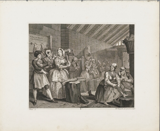 A black and white print of a standing woman in a building holding a hammer over a bundle on a stump below, with other figures doing the same. A standing man watches over her as another woman touches her dress