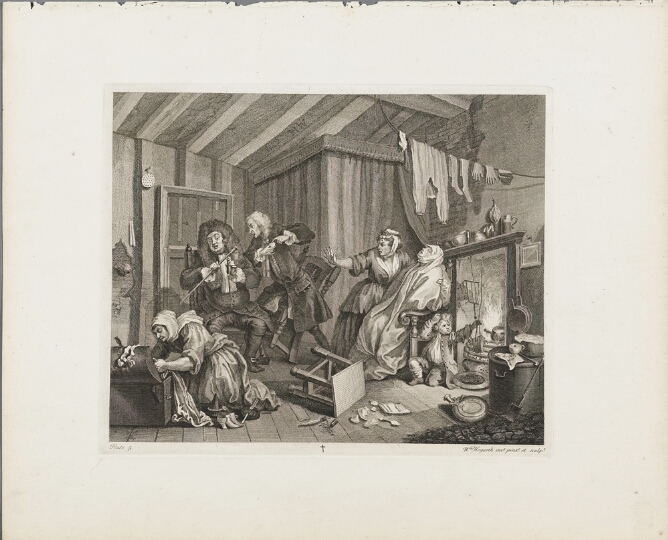A black and white print of a woman in a room wrapped in a blanket on a chair as a child plays beside her. Another woman stands by her warding off two men, while an additional woman searches through a trunk of clothes