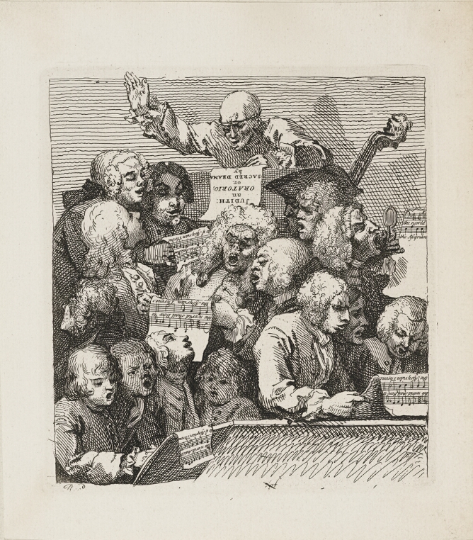A black and white print featuring a group of figures looking at music sheets and singing