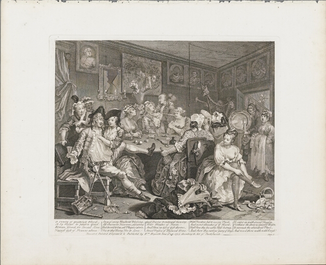 A black and white print of a sitting man holding a glass with one leg on the lap of a woman who reaches into his shirt, handing a watch to another woman behind. Other women drink and talk around the table in a lively room