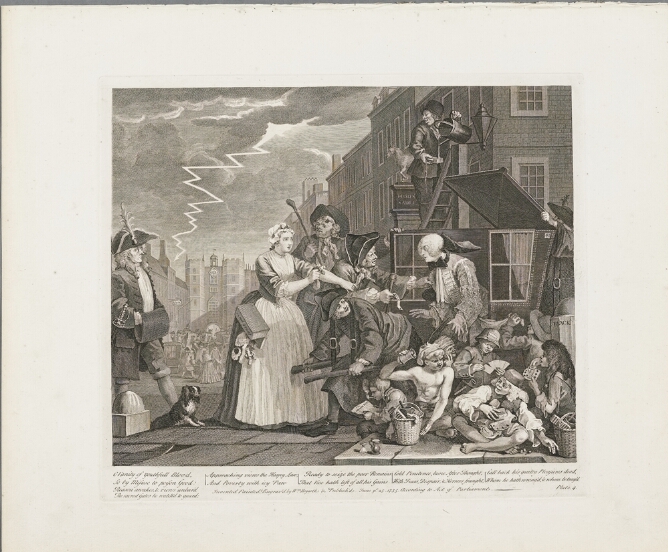 A black and white print of a man emerging from a carriage on a street and confronted by another man as a woman standing behind grasps his arm to offer a pouch. In the background, lightning strikes