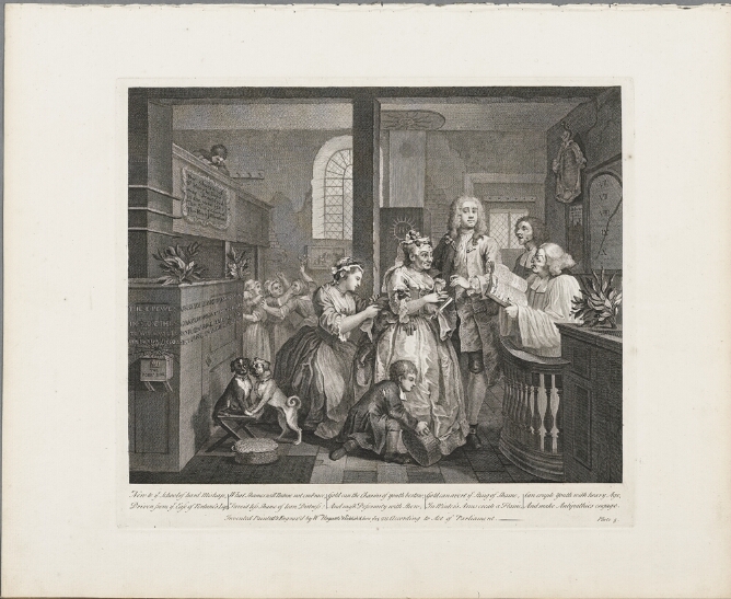 A black and white print of a man and older woman in a church standing in front of a robed man with an open book, while a woman with a baby and another woman are prevented from entering