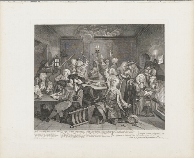 A black and white print of a man in a room on one knee with his fist in the air next to a fallen chair. A boisterous group of men gather around a table behind him. At the top, smoke enters the room