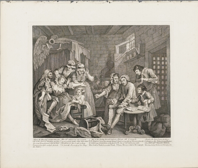A black and white print of a man sitting at a table in a cell surrounded by figures. Across, a woman has fallen back with closed eyes, held up by other figures while a child tugs on her skirt