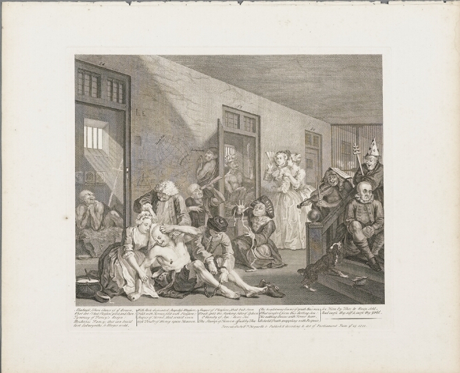 A black and white print of a man sitting on the floor of a building while a figure ties his foot with chains and a woman holds the man's arm. Figures around engage in various activities playing instruments, writing on the wall and playing with string