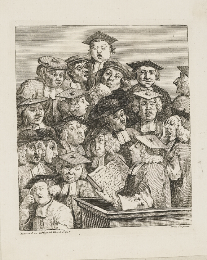 A black and white print of a group of heads wearing square-topped and round hats with a figure in the foreground reading from a book at a lectern