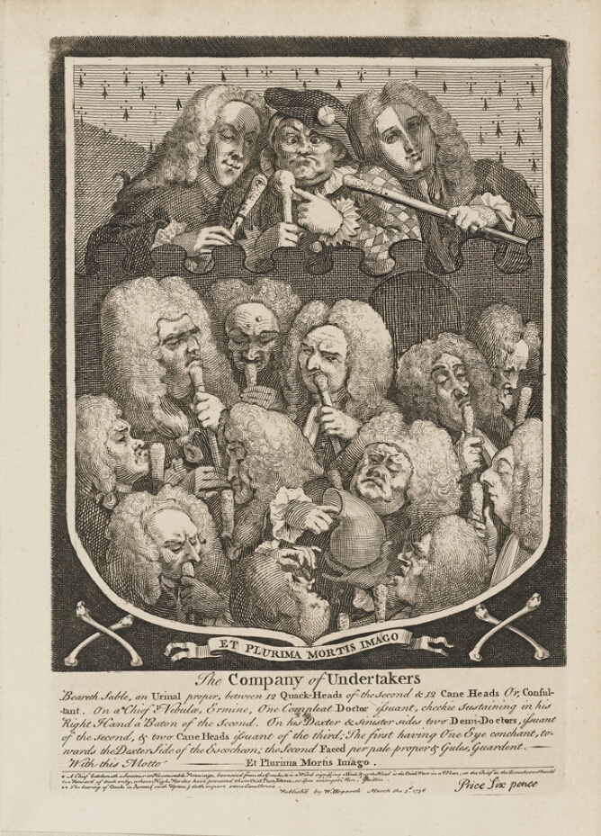 A black and white print features heads of men wearing wigs, with canes to their chins and one holding a flask of liquid, all framed within a coat of arms