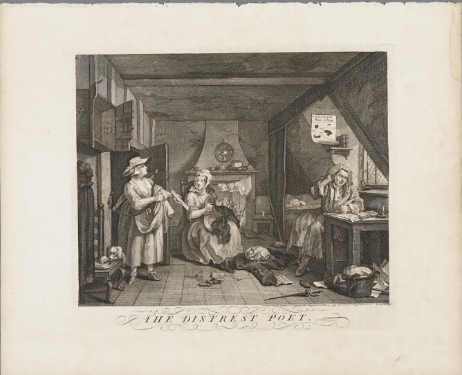 A black and white print of a man sitting on a bed by a table with a quill and paper. A woman enters the room handing a list to another woman sitting in a chair, while a baby rests in bed