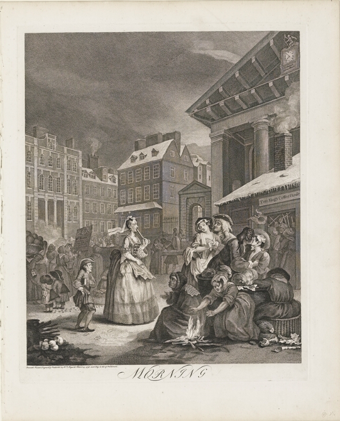 A black and white print of a woman walking towards a building followed by a smaller figure. She is about to pass two men embracing women while two other woman warm themselves by a fire