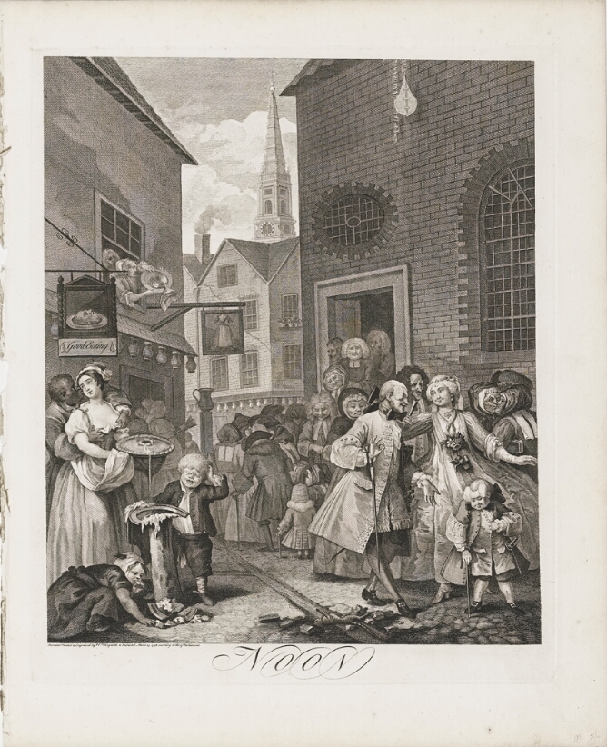 A black and white print of a group of well-dressed figures exiting a building. Across, a standing man touches a woman's chest, a child cries over a broken plate, while another figure eats from the ground