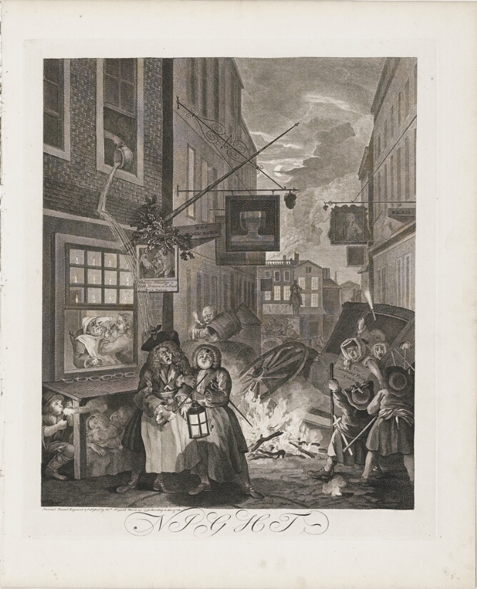 A black and white print of a bonfire in the middle of a street and a stagecoach turned on its side with figures inside. Other figures continue with activities unphased