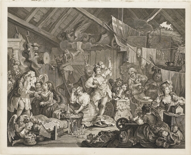 A black and white print of women and children dressed in costume getting ready in a barn full of props