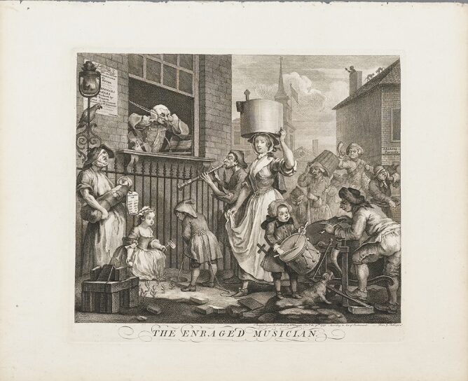 A black and white print of a man at his window covering his ears, as a woman with a pail on her head walks by with figures playing instruments and a man sharpening a knife on a wheel