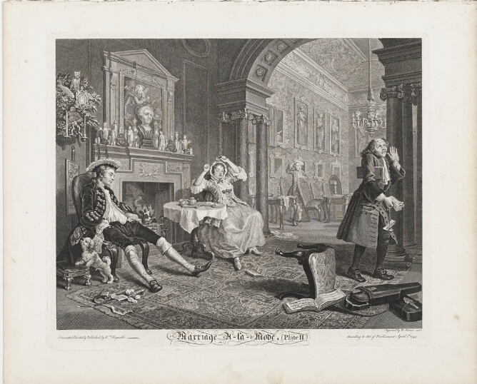 A black and white print of a man and woman sprawled on chairs in front of a fireplace in a lavish room. A man holding a papers and a book under his arms walks away from them