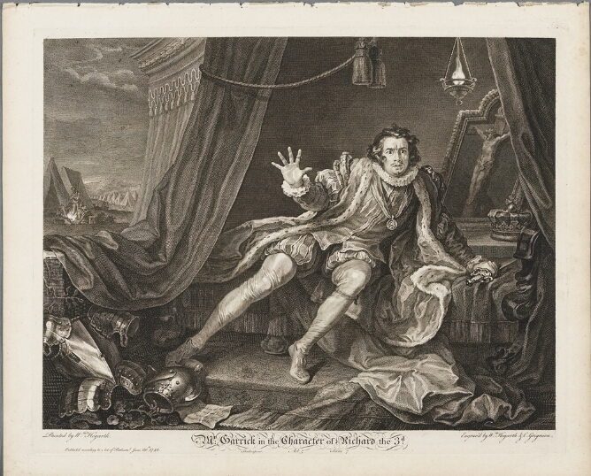 A black and white print of a man in royal attire rising from a bed inside a tent with an alarmed expression. His right hand is outstretched in front of him while his left hand grasps a sword on the bed