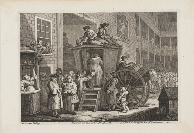 A black and white print of a man helping a woman into a stagecoach, while two men sit on top. In the background, a crowd of people in a courtyard