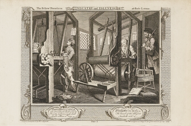 A black and white print of two men in a room sitting at looms. One man has his head back and eyes closed, while another man stands at the doorway with a stick