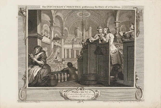 A black and white print of a man and woman at church, standing in a pew and singing from a book. Another woman, seated and facing away also sings from a book