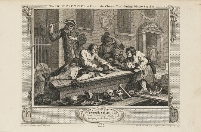 A black and white print of figures gathered around a tomb looking at coins. Behind them, a standing man with a baton is about to strike. Below, skulls and bones are on the ground