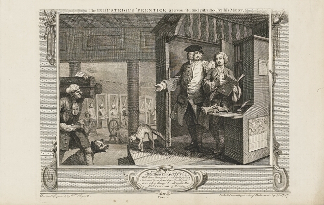A black and white print of two men standing at a desk as another man approaches with rolls of cloth. A dog and cat snarl at each other, as figures work at looms in the background