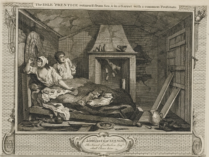 A black and white print of a man and woman sitting on a broken bed in a shabby room. The woman examines one of the pieces of jewelry and watches beside her, while a cat falls down a chimney