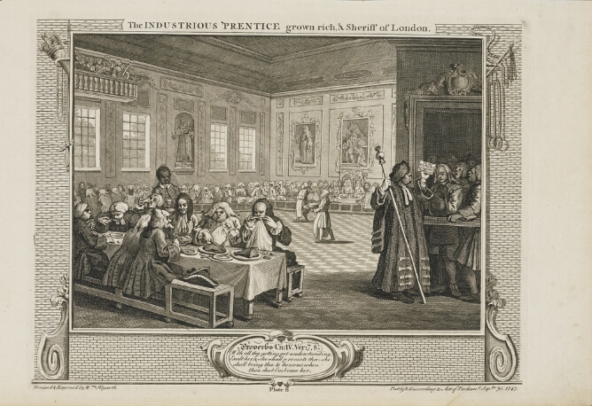 A black and white print of a large banquet scene where figures are dining at tables arranged in a U-shaped format. A robed man with a staff stands before a crowd at the doorway to the viewer's right