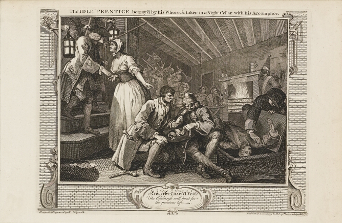 A black and white print of a woman guiding a man into a room with a fireplace. Men examine goods as another man shoves a figure down a trapdoor. In the background, a brawl ensues