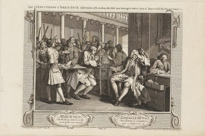 A black and white print of a man in a wig sitting on a chair next to another man sitting at a desk. A man crouches with hands folded over a horizontal bar that divides them, with a crowd holding sticks behind him