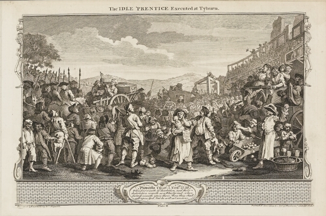 A black and white print of a large chaotic crowd with two figures in a cart with a coffin and figures on horseback advancing towards gallows in the background