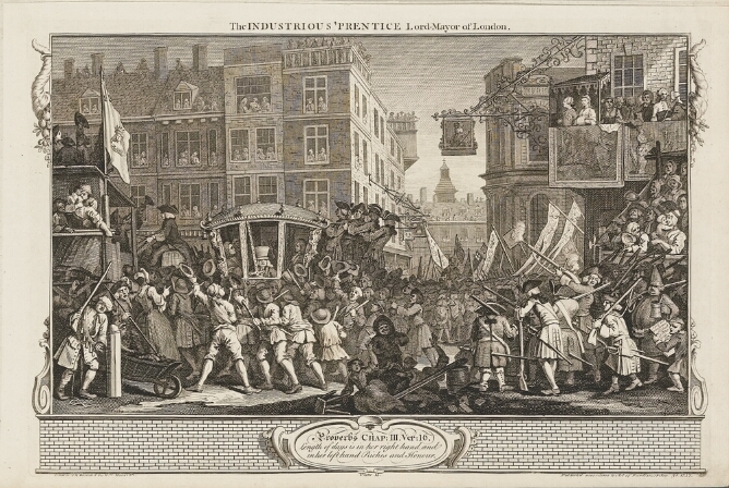 A black and white print of a man holding a sword riding in a carriage down a street swarmed by figures, as additional figures watch from building windows and balconies