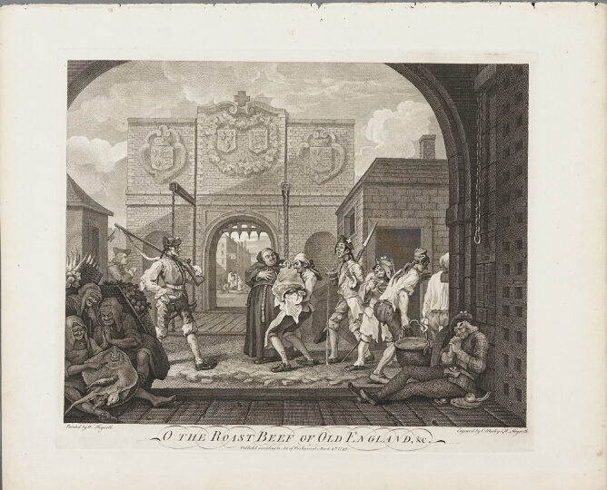 A black and white print of a man carrying a large piece of meat prodded by a full-figured robed man standing in front of a gate between two soldiers. In the foreground, women beneath an arch gather around a skate fish while across, a man sits with hands clasped