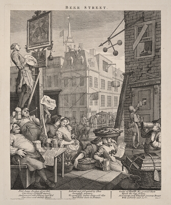 A black and white print of an urban scene with figures drinking outdoors, while other figures carry baskets of fish, a worker on a ladder paints a sign, and fires on a building scaffold also drink