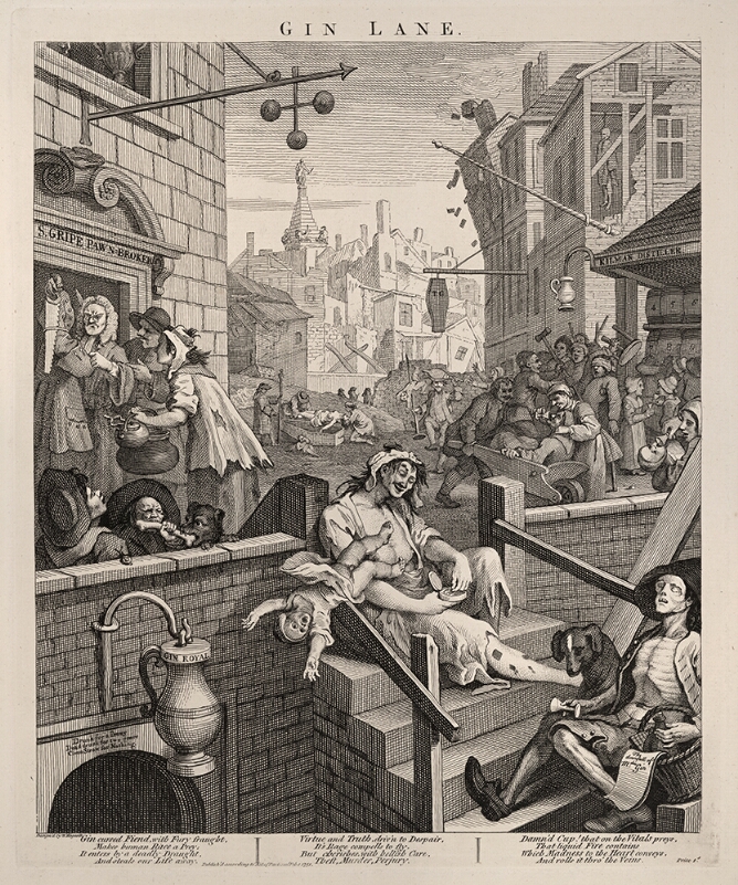 A black and white print of a woman sitting on steps oblivious that her child has fallen backwards from her arm. Across from her, an emaciated figure sits. In the background, a figure is being placed in a coffin near a rowdy group