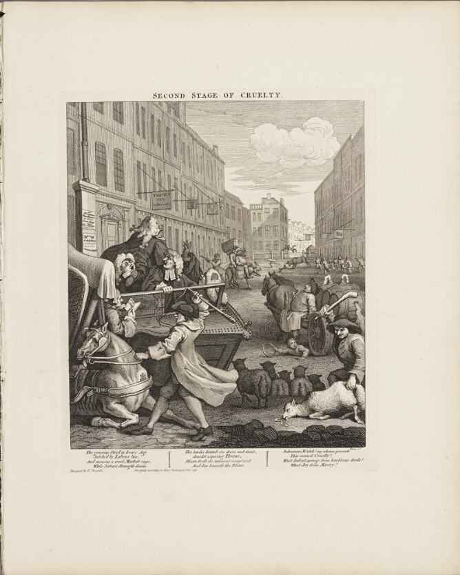 A black and white print of a stagecoach turned over on a street with men climbing out. A standing man is about to strike a horse lying on the ground, while another man is about to strike a sheep